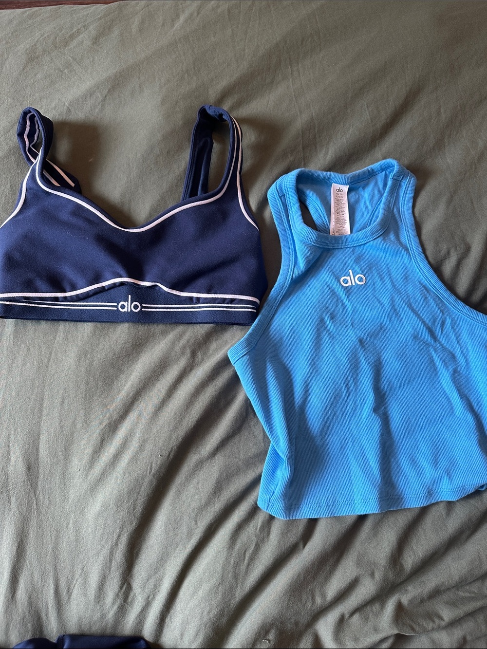 ALO Yoga Navy Sports Bra and Bright Blue Cropped Tank